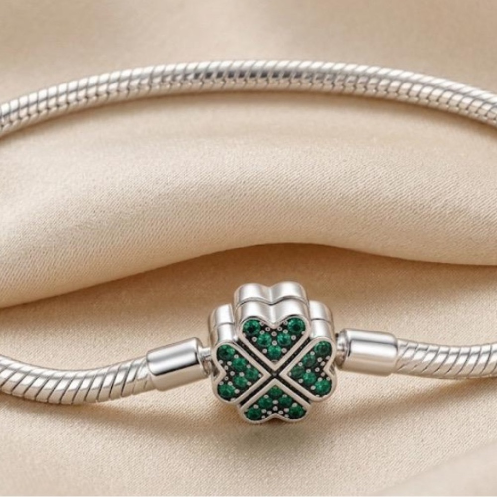 Silver Four-Leaf Clover Charm Bracelet with Green Stones